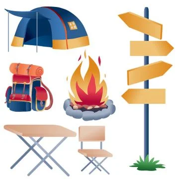 Set of items intended for hiking and traveling, isolated object on a white Stock Illustration