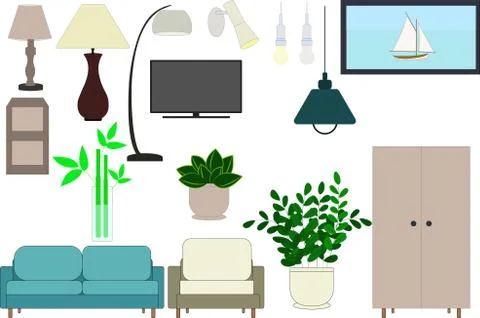 A set of items for the interior. Vector set of separate items. Stock Illustration