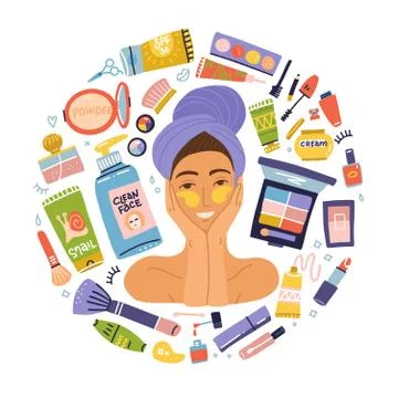 Set items makeup cosmetics. Portrait young woman with patches. Vector flat hy Stock Illustration
