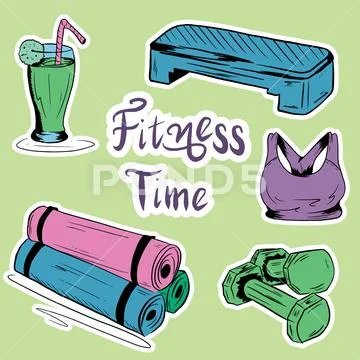 A set of items necessary for fitness training Stock Illustration