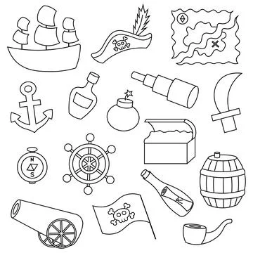 Set items pirate things. Draw illustration in black and white Stock-Illustration