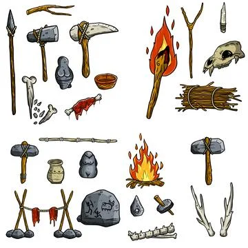 Set of items of primitive man and hunter. Weapons of caveman. Stone age hammer Stock Illustration