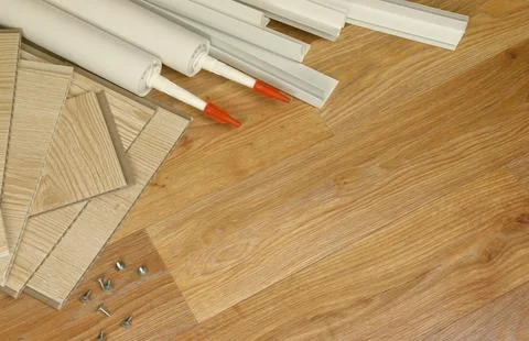 Set of items for PVC ceiling indoor works. Assembly adhesive bottles and PVC Stock Photos