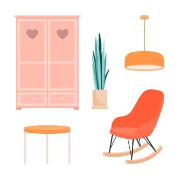A set of items for the room in retro style on a white background. Stock Illustration