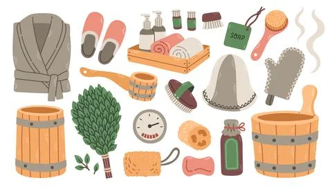 Set of items for russian bath and sauna, flat design elements on the theme of Stock Illustration