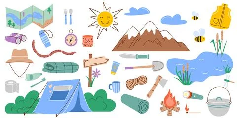 Set of items themed around hiking, summer camp, fishing Illustrazione stock