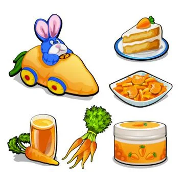 The set of items on the topic of carrots isolated on white background. Vector Stock Illustration