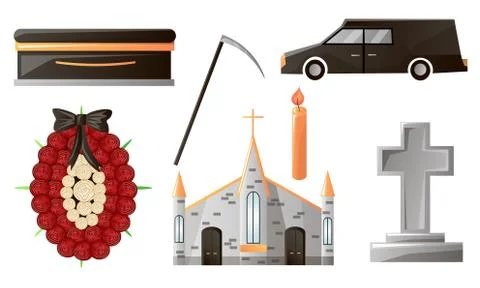 Set of items used at the funeral service and ceremony. Vector illustration in Stock Illustration