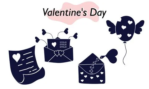 A set of items for Valentines Day. Envelopes, valentines, letters. Icons. In a Stock Illustration