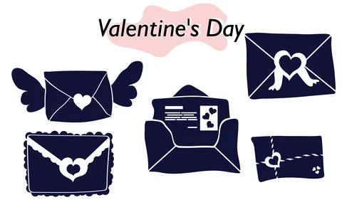 A set of items for Valentines Day. Envelopes, valentines, letters. Icons. In a Stock Illustration