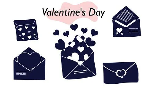 A set of items for Valentines Day. Envelopes, valentines, letters. Icons. In a Stock Illustration