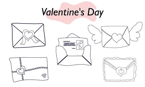 A set of items for Valentines Day. Envelopes, valentines, letters. In linear Stock Illustration