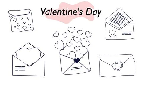 A set of items for Valentines Day. Envelopes, valentines, letters. In linear Stock Illustration