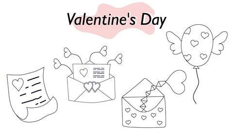A set of items for Valentines Day. Envelopes, valentines, letters. In linear Stock Illustration
