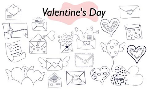 A set of items for Valentines Day. Envelopes, valentines, letters. In linear Stock Illustration