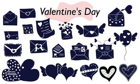 A set of items for Valentines Day. Envelopes, valentines, letters. Icons. In a Stock Illustration