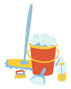 Set of items for wet cleaning. Plastic water bucket, chemical detergent bottl Stock Illustration
