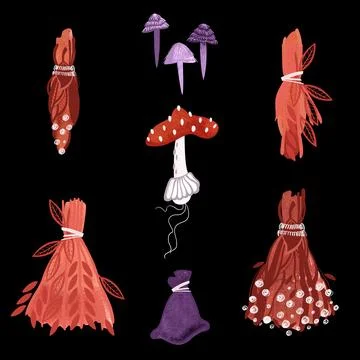 A set of items for witchcraft rituals: red, yellowed, withered dried flowers and Illustrazione stock