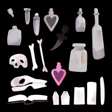 A set of items for witchcraft rituals: skulls, bones, flasks and potions, a book Stock Illustration