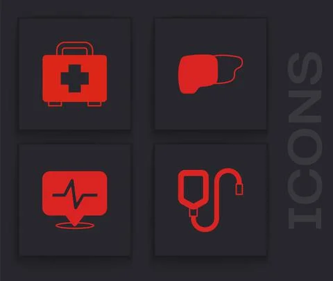 Set IV bag, First aid kit, Human organ liver and Heart rate icon. Vector Stock Illustration