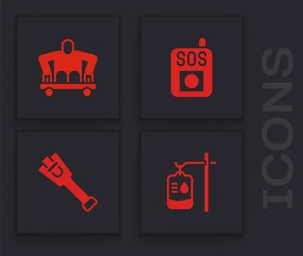Set IV bag, Man without legs sitting wheelchair, Press the SOS button and P.. Stock Illustration