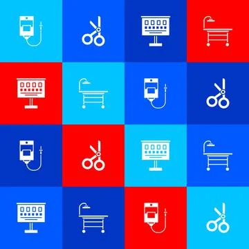 Set IV bag, Medical scissors, Eye test chart and Operating table icon. Vector Stock Illustration