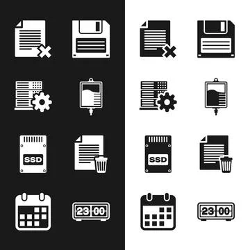 Set IV bag, Server setting, Delete file document, Floppy disk, SSD card and icon Illustrazione stock
