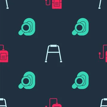 Set IV bag, Walker and Hearing aid on seamless pattern. Vector Stock Illustration
