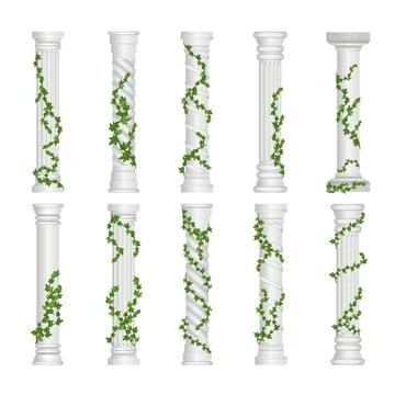 Set of Ivy column collection, Marble pillars or ancient stone column with f.. Stock Illustration