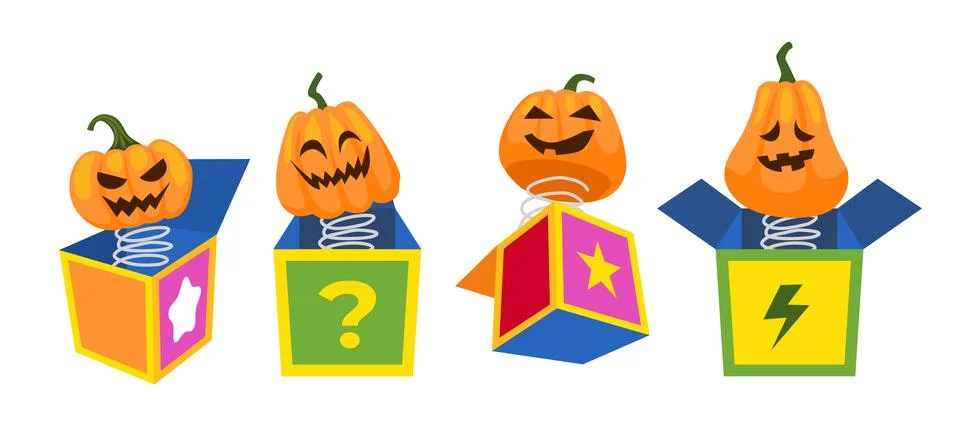 Set of jack in the box collection, orange pumpkins with emotion on his face.. Stock Illustration