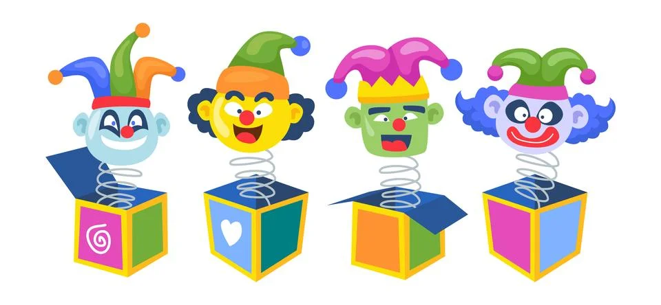 Set of jack in the box collection, various clown with emotion on his face s.. Stock Illustration