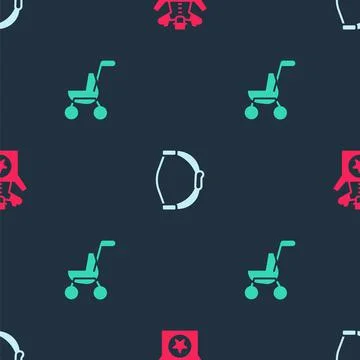 Set Jack in the box toy, Bow and Baby stroller on seamless pattern. Vector Stock Illustration