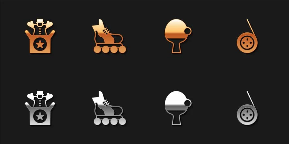 Set Jack in the box toy, Roller skate, Racket and ball and Yoyo icon. Vector Illustrazione stock
