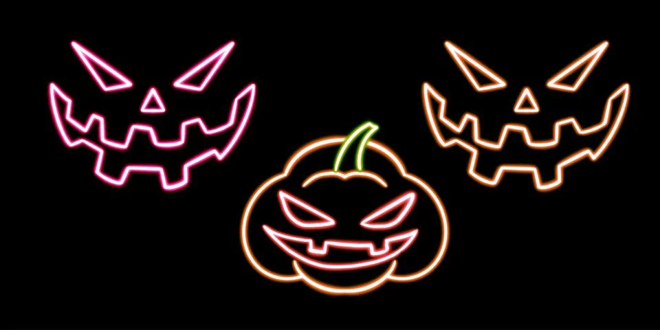 Set Jack-o-lantern glowing desktop icon, neon Pumpkin face Halloween sticker Stock Illustration