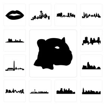 Set of jaguar face, chicago skyline, minneapolis skyline on white background, Selección de ilustraciones gratis