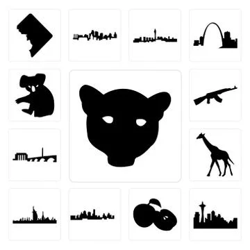 Set of jaguar face, seattle skyline on white background, , apple, kansas city 무료 스톡 일러스트