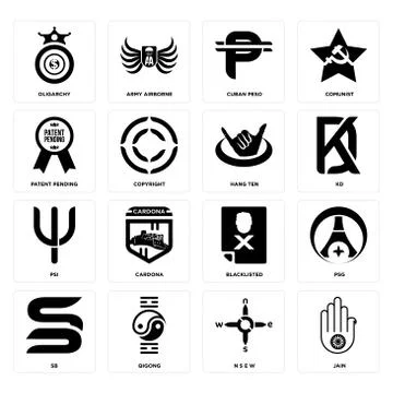 Set of jain, n s e w, sb, blacklisted, psi, hang ten, patent pending, cuban p Free Stock Illustration