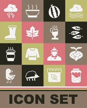 Set Jam jar, Beet, Leaf or leaves, Watermelon, Waterproof rubber boot, Storm and Stock Illustration