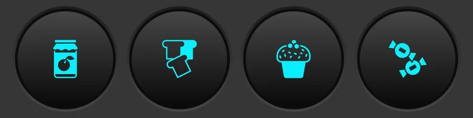 Set Jam jar, Bread toast, Cake and Candy icon. Vector Stock Illustration