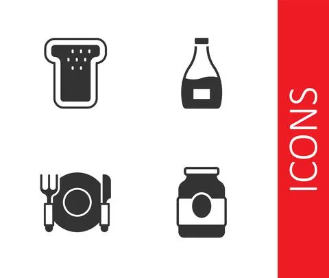 Set Jam jar, Bread toast, Plate, fork and knife and Sauce bottle icon. Vector Stock Illustration