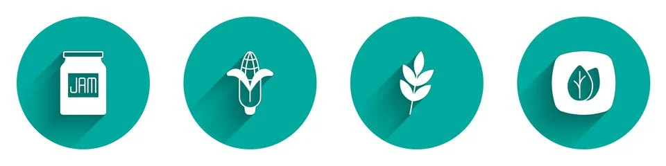 Set Jam jar, Corn, Leaf and icon with long shadow. Vector Illustrazione stock