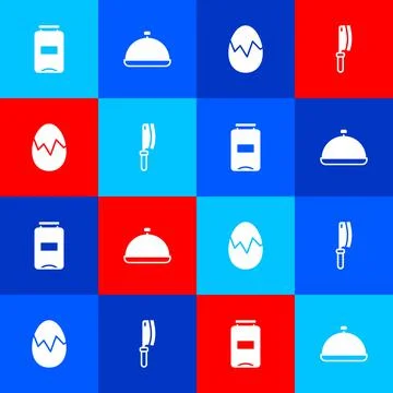 Set Jam jar, Covered with tray of food, Broken egg and Meat chopper icon. Vector Stock Illustration