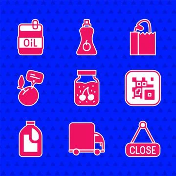 Set Jam jar, Delivery cargo truck, Hanging sign with Closed, QR code, Bottle for 스톡 일러스트