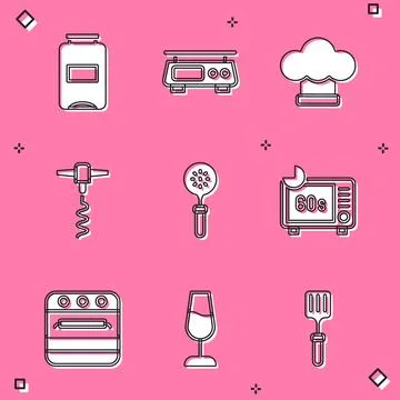 Set Jam jar, Electronic scales, Chef hat, Wine corkscrew, Spatula, Microwav.. Stock Illustration