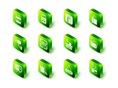 Set Jam jar, Fire exit, Paper bag with bread loaf, Wallet money, Whiskey bottle Stock Illustration