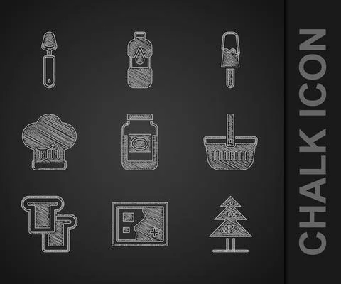 Set Jam jar, Folded map, Tree, Picnic basket, Bread toast, Chef hat, Ice cream Stock Illustration