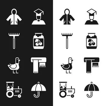 Set Jam jar, Garden rake, Raincoat, Graduate and graduation cap, Dove, Winter Stockillustratie