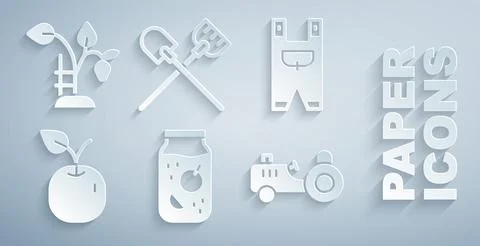 Set Jam jar, Garden worker clothes, Apple, Tractor, Shovel and Strawberry bush Stock Illustration