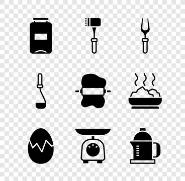 Set Jam jar, Kitchen hammer, Barbecue fork, Broken egg, Scales, French pres.. イラスト素材