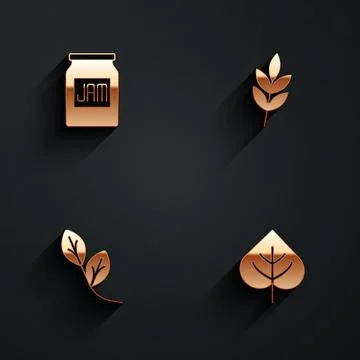 Set Jam jar, Leaf, and icon with long shadow. Vector Stock Illustration